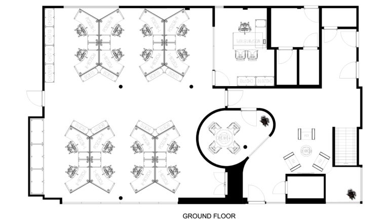 2D drawing with desks, chairs & storage