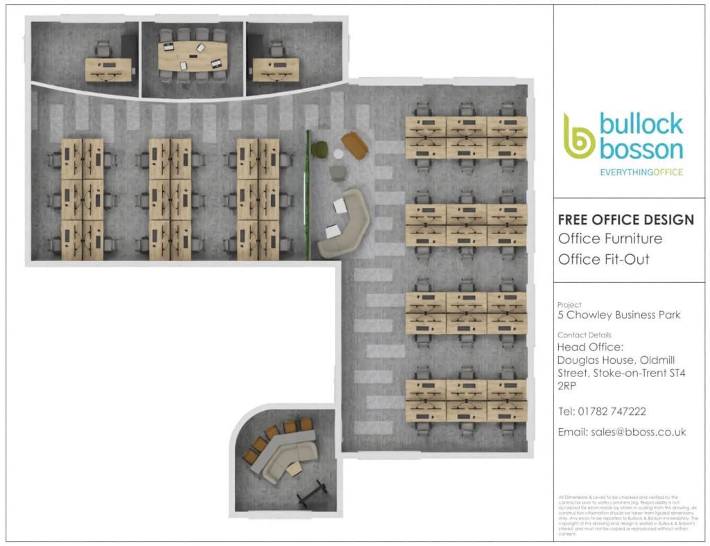 Office furniture floorplan design for business park office at Chowley Oak near Chester