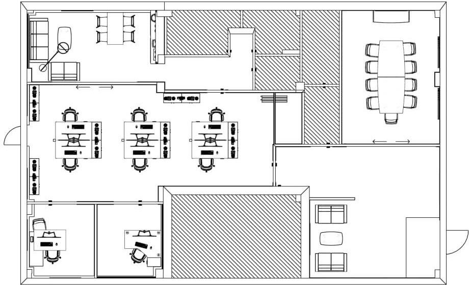 Office furniture floorplan design for Multi-Temp HVAC company workspace ground floor in Cannock